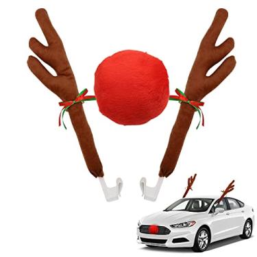 Imagem de Abnaok Kit de chifre de rena e nariz de carro, decoração de Natal de rena para janela de carro, teto e grade frontal, conjunto de decoração automática de chifres de rena de Natal para carro, SUV, van e caminhão