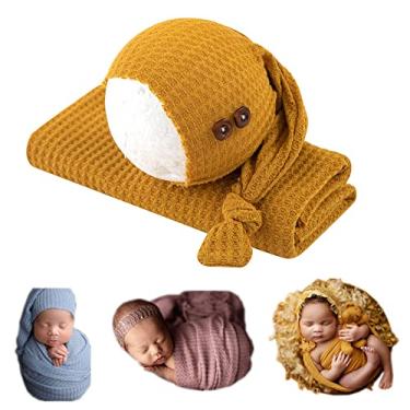 Imagem de Coberllus Envoltório para fotografia de recém-nascido | Chapéu de nó e cobertor elástico para adereços de fotos de bebês | Roupas de sessão de fotos para recém-nascidos de 15,74 x 159,9 cm, Amarelo