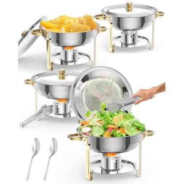 Imagem de Conjunto de buffet de pratos de fricção de 5 QT, conjuntos de chafers e aquecedores de aço inoxidável redondos NSF com tampa e suporte de tampa, colher e pinça para eventos de catering, festas,