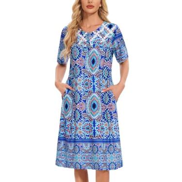 Imagem de Vestidos de casa femininos com estampa floral, manga curta, moo e bolsos, Flor azul, P