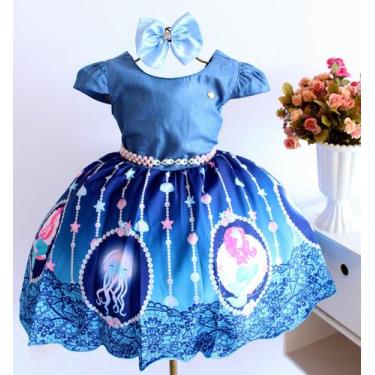 Imagem de Vestido Infantil Festa Tema Sereia Jeans E Tiara Luxo - festa luxo, 2,