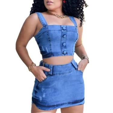 Imagem de Conjunto feminino saia curta e croppet jeans laycra - TRÊS CORAÇÕES, A