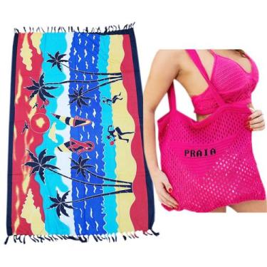 Imagem de Moda Praia: Bolsa Crochê Diversas Cores + Canga Estampas Sortidas - A.