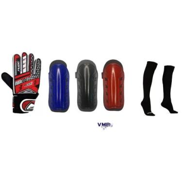 Imagem de kit infantil Futebol luva Vermelha + Caneleira + Meião Preto - vmbspor