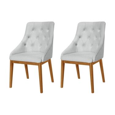 Imagem de Kit 2 Cadeiras De Jantar Luxo Estofada Elisa Anatômica Capitonê Linho Cinza Base Madeira Maciça 