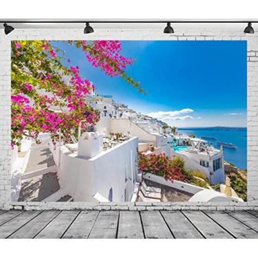 Imagem de CORFOTO Tecido de 4,6 x 3 m de fundo da ilha de Santorini na Grécia e branco arquitetura Oia Resort de luxo para decoração de festa de aniversário grega Mamma Mia, adereços para fotos
