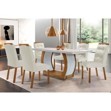 Imagem de Sala De Jantar Completa Jade Tampo Madeirado C- Vidro Canto Curvo 180x90 E 6 Cadeiras Imperatriz Imbuia-off White - Suede Creme - Rufato