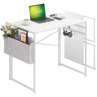 Imagem de JSB Pequena mesa dobrável para computador com bolsa de armazenamento e gancho, mesa de trabalho industrial moderna, laptop para escritório em casa, branca (toda branca, 80 cm)