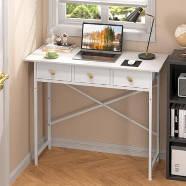 Imagem de DAOUTIME Escrivaninha branca com 3 gavetas para quarto, mesa de computador pequena de 94 cm para espaços pequenos, mesa de estudo simples para quarto de crianças, escritório em casa, dormitório, sala