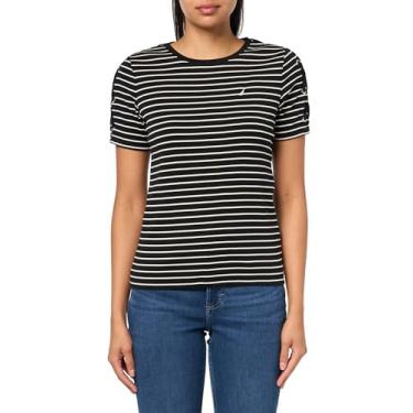 Imagem de Nautica Camiseta feminina de algodão gola redonda com detalhe de manga de renda, Cisne preto/branco, P