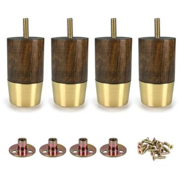 Imagem de Vilanca Pernas de móveis de madeira de 7,6 cm com tampa dourada, conjunto de 4 pés de móveis de madeira maciça de substituição para poltrona, sofá, armário, cômoda, suporte de TV otomano, pernas de