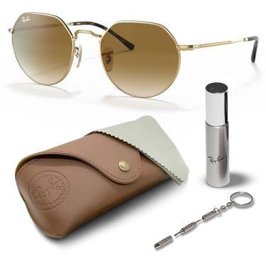 Imagem de Ray-Ban RB3565 JACK Óculos de sol quadrados redondos para homens e mulheres com kit oficial de óculos RAYBAN, Armação dourada polida Arista | Lente marrom, 53 mm
