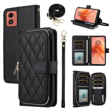 Imagem de Furiet Argyle Capa carteira para Motorola Moto G04/G04s/G24/E14 4G com alça de pulso, alça de ombro, 9+ compartimento para cartão, bolsa com zíper, luxuosa, couro PU, suporte para celular para GO4 G