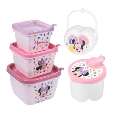 Imagem de Kit Infantil 3 peças Minnie Baby: Porta Chupeta com Alça, Porta Leite em Pó de Viagem para 3 doses e Conjunto com 3 Potes de Tamanhos Diversos - Licenciado Disney Minnie Baby