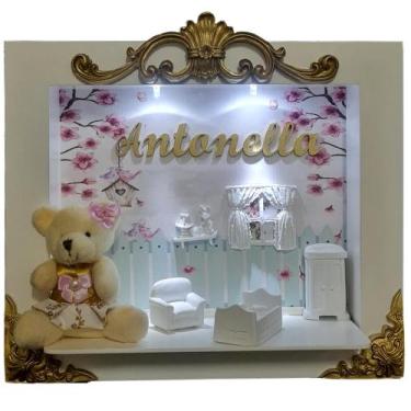 Imagem de Quadro Enfeite Porta Maternidade Cenário Led - BRANCO JARDIM E DOURADO