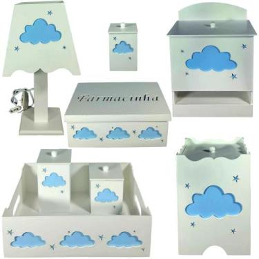 Imagem de kit higiene bebe mdf decorado 8pçs - NUVEM MENINO - Flores para Mariae