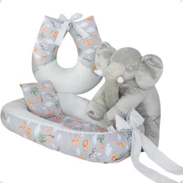 Imagem de Mini Berço Redondo Safari Almofada Amamentação Elefante 60cm (Safari Cinza)