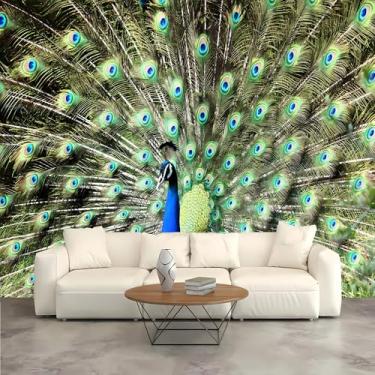 Imagem de Lcythiazole Mural de pavão de penas de pavão papel de parede mural de foto de pavão autoadesivo para quarto sala de estar e parede de TV (tamanho personalizado)