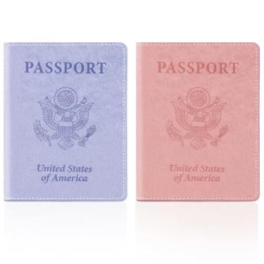 Imagem de Capa para cartão de passaporte e vacina, carteira para passaporte com compartimento para cartão de vacina, roxo + rosa, 2pcs