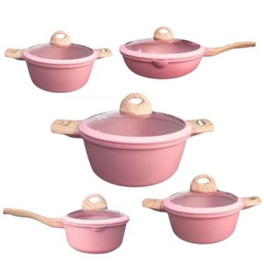 Imagem de Jogo de 5 Panelas em Ceramica Acabamento Madeira, 5 Peças, Indução, Fogo, Eletrico com Tampa de Vidro. (Rosa)