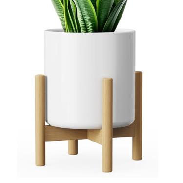Imagem de Chlorile Vaso de cerâmica de 20 cm com suporte de madeira, vaso de plantas de design minimalista moderno de meados do século com drenagem e suporte luxuoso para decoração de interiores