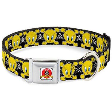 Imagem de Buckle-Down Coleira para cães com fivela de cinto de segurança – Pássaro Tweety e ossos cruzados preto/branco/amarelo – 3,8 cm de largura – Serve para pescoço de 40,6 a 58,4 cm – Médio