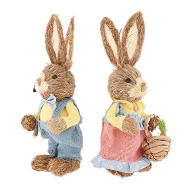 Imagem de UGPLM Coelhinho de palha da páscoa 35 cm artigos de festa arte em pé artesanato artificial tema de Páscoa decoração estatuetas de coelho para festa interna, amarelo
