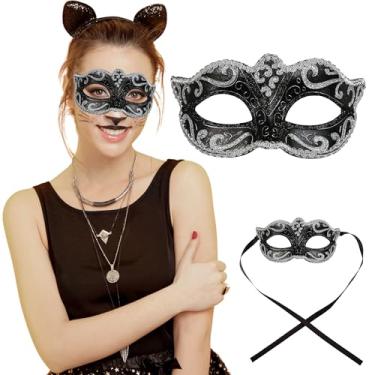 Imagem de Máscara de baile de máscaras feminina para baile de máscaras, festa veneziana, carnaval, baile, Halloween, festas à fantasia, Preto, prata, tamanho nico