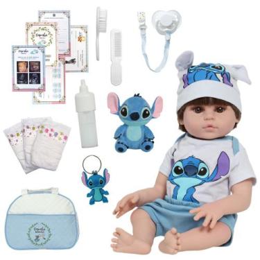 Imagem de Boneco Tipo Reborn Masculino Roupa Stitch Enxoval Completo - Cegonha D