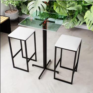 Imagem de Conjunto Mesa Alta Bar Bistrô Quadrada Vidro 2 Bancos Estofado Industrial Black (Branco)