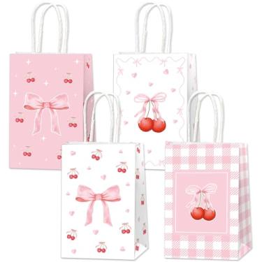Imagem de ZOIIWA 24 peças de saco de lembrancinha de festa com laço rosa, sacos de cereja, coquete, doces, sacos de presente de papel de aniversário com alça para decoração de chá de bebê, despedida de solteira