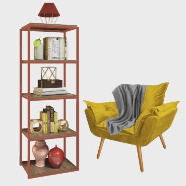Imagem de Kit Poltrona Fatte com Manta Soft Cinza e Estante Livreiro Ferro Bronze mdf Rústico Suede Amarelo - Ahazzo Móveis