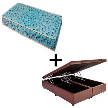Imagem de Cama Baú Queen 158 Tecido Sintético Marrom Com Colchão Natal Bello Box - 100% Espuma - D23 Azul 54x158x198