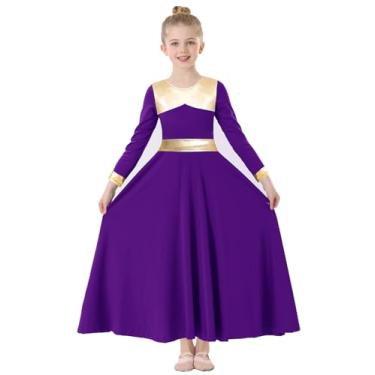 Imagem de TLMNU Vestido de dança de louvor para meninas, dourado, metálico, adoração litúrgica, roupão de igreja, fantasia lírica, Dourado, roxo, 13-14 Anos