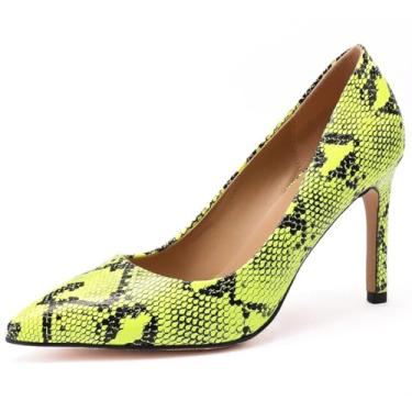Imagem de JARO VEGA Sapatos femininos de salto de pele de cobra, bico fino, bico fechado, salto alto stiletto para festa de casamento, escritório, Verde, 40
