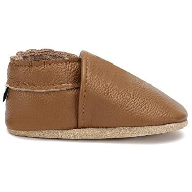 Imagem de OWLOWLA Sapatos de couro com sola macia para berço de primeira caminhada, mocassins para bebês pré-andadores para meninos e meninas, F-classic marrom, 24 Months Infant