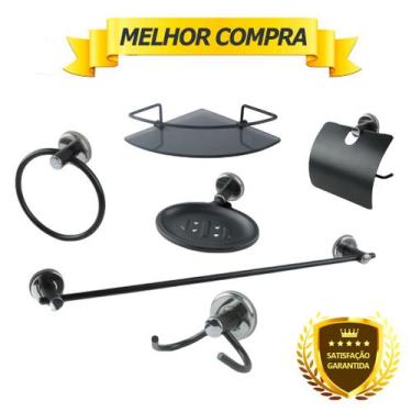 Imagem de Kit Acessório Para Banheiro Aço Inox 6 Peças Com Porta Shampoo Vidro C