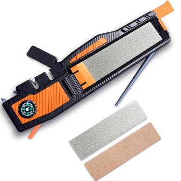 Imagem de Orange Ninja Afiador De Canivete Com Haste De Ferro Para Acendedor De Fogo - Pedras De Afiar Diamantadas Guiadas, Correia, 2 Ranhuras De Afiação E Apito - Equipamentos Edc E Itens Essenciais Para Ac