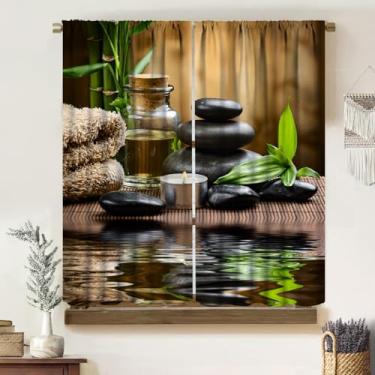 Imagem de Cortinas de pedra Zen, tema relaxante spa meditação cabine de madeira marrom vista natural vela de bambu reflexão na água, bolso blackout, tratamentos de janela para sala de estar, quarto, banheiro