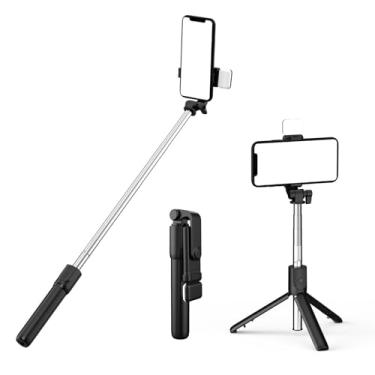 Imagem de PINHEN Tripé de bastão de selfie com suporte de tripé de rotação de 360° leve e extensível com controle remoto sem fio removível 3 em 1 portátil compatível com iPhone Android Sansung (preto + luz)
