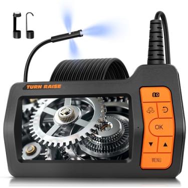 Imagem de Câmera de endoscópio de lente tripla com luz, tela IPS de 5 polegadas, boroscópio industrial, câmera de inspeção de esgoto HD 1080p, cabo semirrígido de 5 metros com sonda de câmera de escopo IP67,