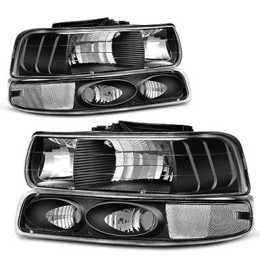 Imagem de AUTOSAVER88 Conjunto de farol compatível com 1999-2002 Chevy Silverado / 2000-2006 Tahoe Suburban Farol com luzes de para-choque, invólucro preto, refletor transparente