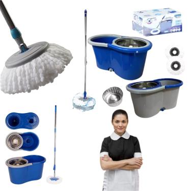 Imagem de Mop Esfregão Microfibra Rodo Com Balde Giratório 360 Cesto Com Alça