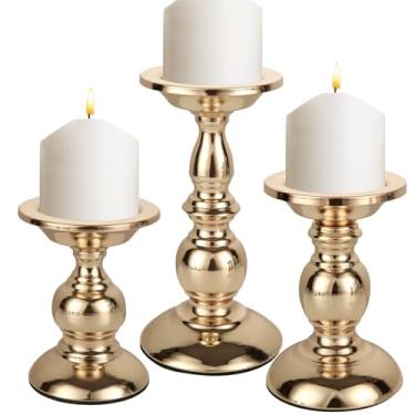 Imagem de CYEAH Suporte de vela decorativo de madeira, estilo torneado, suporte de vela, conjunto de 3 castiçais de 25,4 cm, 20,3 cm, 15,2 cm A