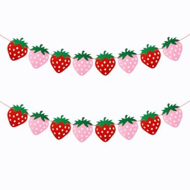 Imagem de FAZHBARY Pacote com 2 faixas de frutas de feltro rosa vermelho guirlanda de morango para decorações de festa de primeiro aniversário de morango