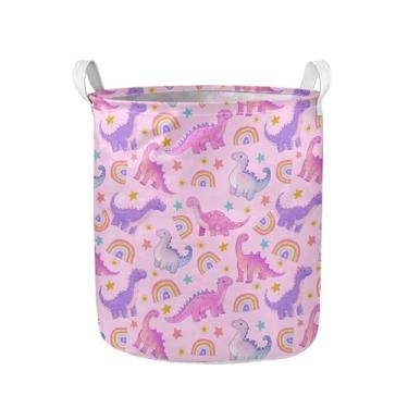 Imagem de Buxolandt Cesta de roupa suja de dinossauro arco-íris com alças cesto de roupa 47 x 41 cm, organizador de brinquedos para crianças, para banheiro, lavanderia, quarto, sala de estar, rosa