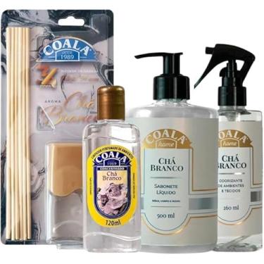 Imagem de kit Coala Home Chá Branco: Difusor de Aromas Chá Branco 100ml, Limpador Perfumado 120ml, Sabonete Líquido 500ml e Odorizante Spray 260ml
