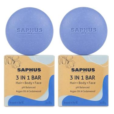 Imagem de SAPHUS Barras De Xampu Tudo-Em-Um Para Cabelo, Corpo, Rosto E Barba, Sabonete Em Barra Acidificado, Hidratante, Limpeza, Homens, Mulheres Crianças, Ph Balanceado, Sem Sulfato, Pacote Com 2