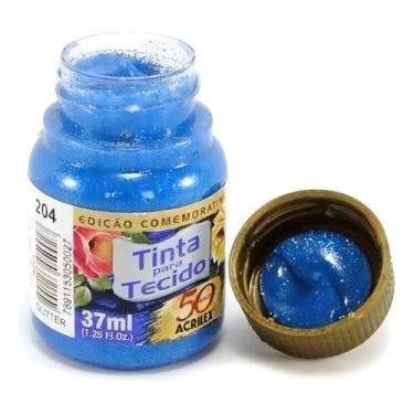 Imagem de Tintas para Tecido com Glitter Acrilex 37ml – Brilho Intenso, Alta Cobertura e Fixação a Frio para Suas Criações acabamento cintilante, alta cobertura e durabilidade superior, sendo ideais para customização de roupas, acessórios, peças decorativas e projetos artísticos em geral. (Azul 204)