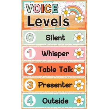 Imagem de FYSUIMU Pôster de nível de voz, boho, sorriso, margarida, nível de ruído, tabela, placa educativa, decoração de sala de aula, para ensino fundamental, material de professor